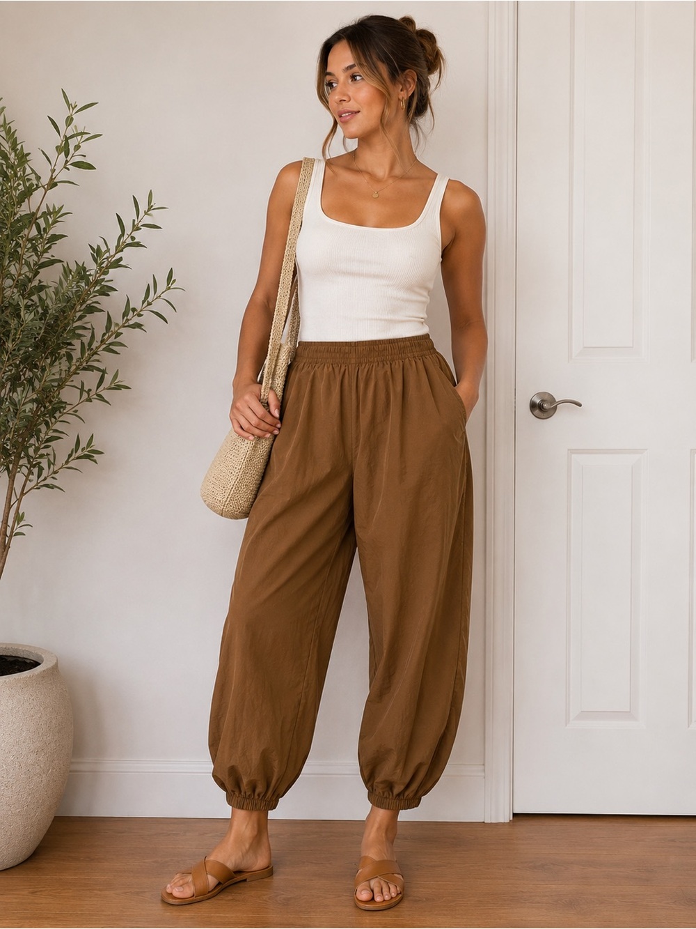 New ZARA Brown Parachute Jogger Pants NWT | High Rise Barrel pants XS x small